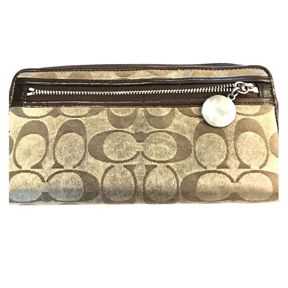 Coach Signature Jacquard Foldover Clutch in Tan and Brown